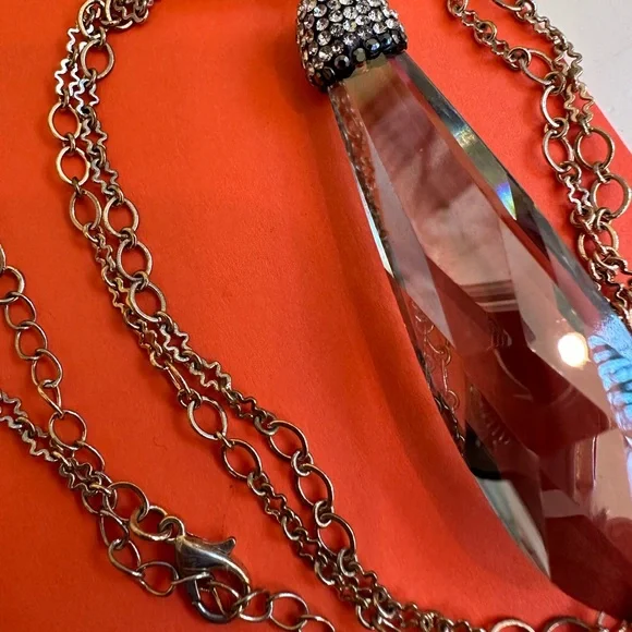 Pendant Necklace EUC Gold Chain-Heavy faceted smoky Crystal Capoed Glass + Pearl - Picture 4 of 5